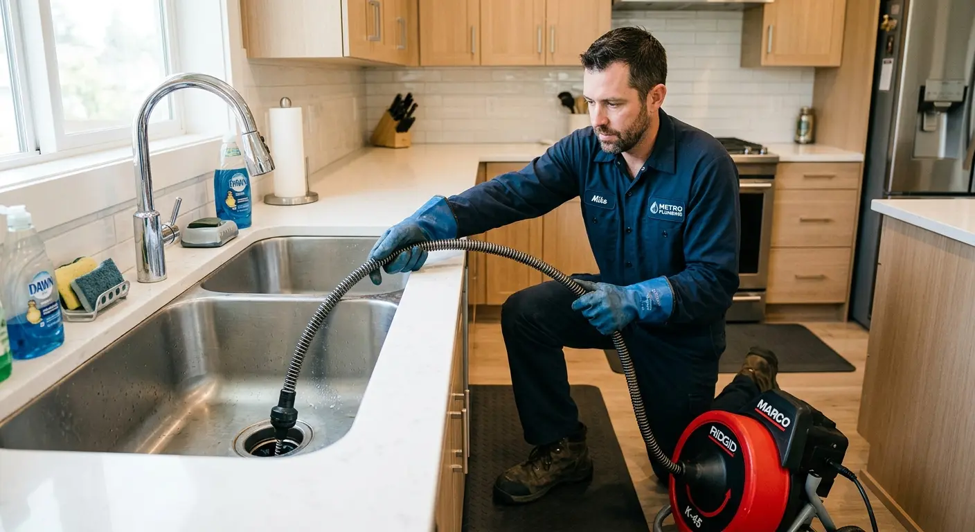 Drain cleaning technician using a motorized snake on a kitchen sink in Bay Village