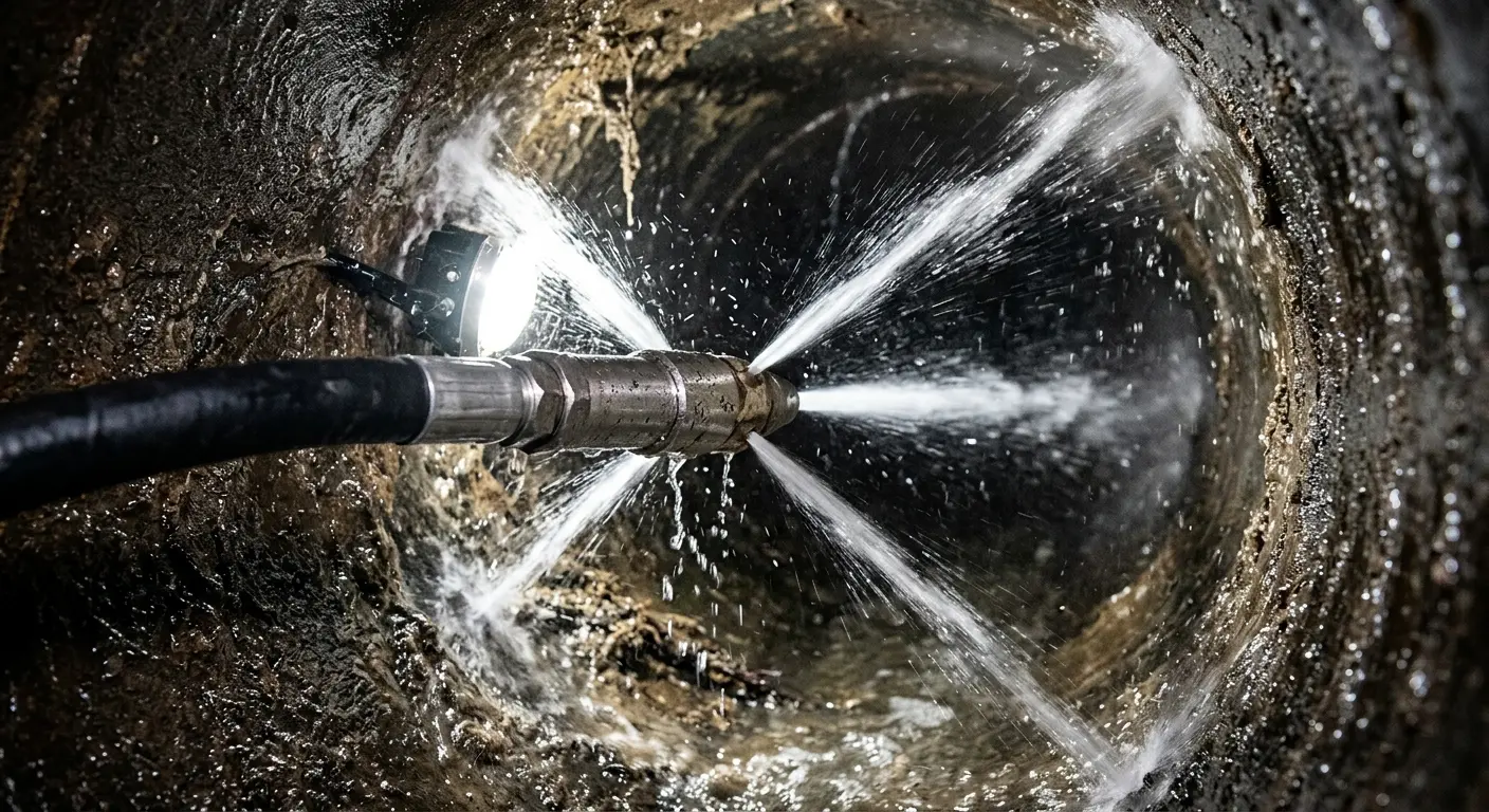 High-pressure hydro jetting nozzle cleaning sewer pipe for Sewer Cleanout in Bay Village