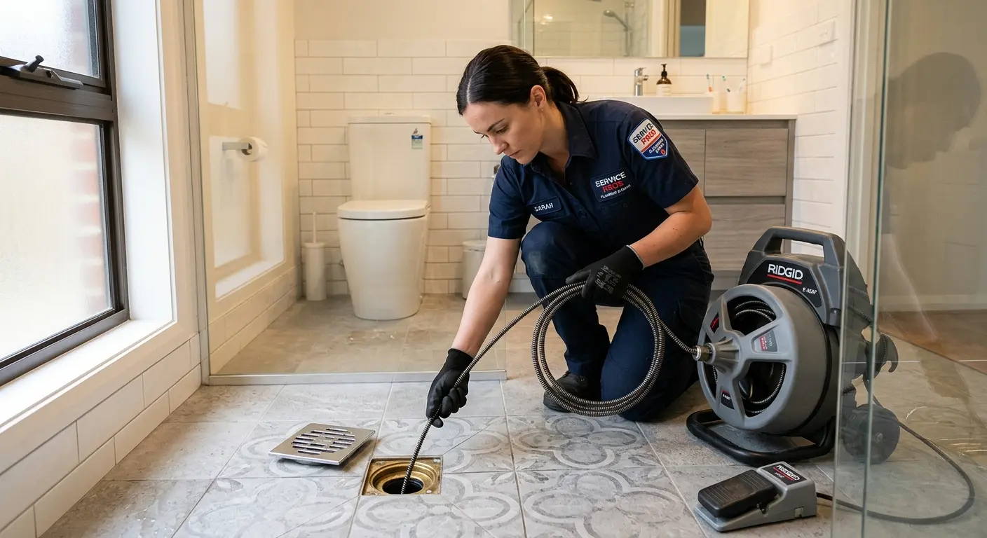 Technician clearing a bathroom floor drain for Sewer Line Installation in Bay Village